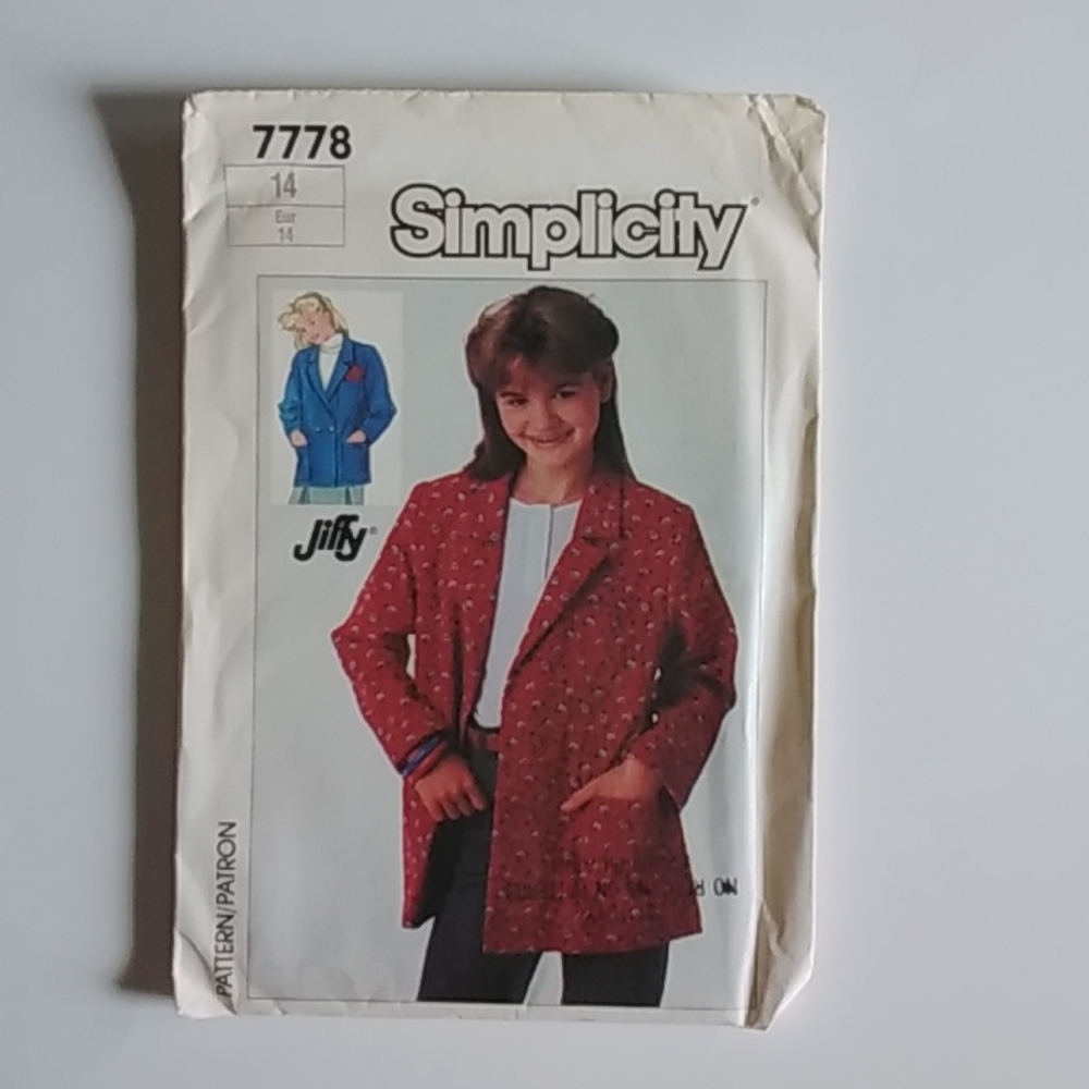 Simplicity Girl SZ 14 Jiffy Blazer #7778 Pattern 1986
